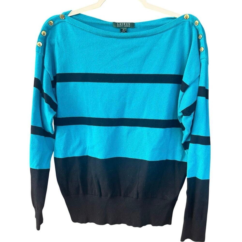 Lauren Ralph Lauren XL Teal Black Striped Sweater Gold Button Nautical Preppy